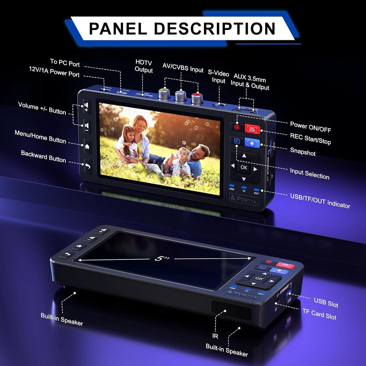 Portta VD20P VHS naar Digital Converter met 5" HD Screen, Video Capture Recorder Convert to MP4 Compatibel met VHS, VCR, DVR, DVD, Hi8, Mini DV, Camcorders, (cassettespeler niet inbegrepen)