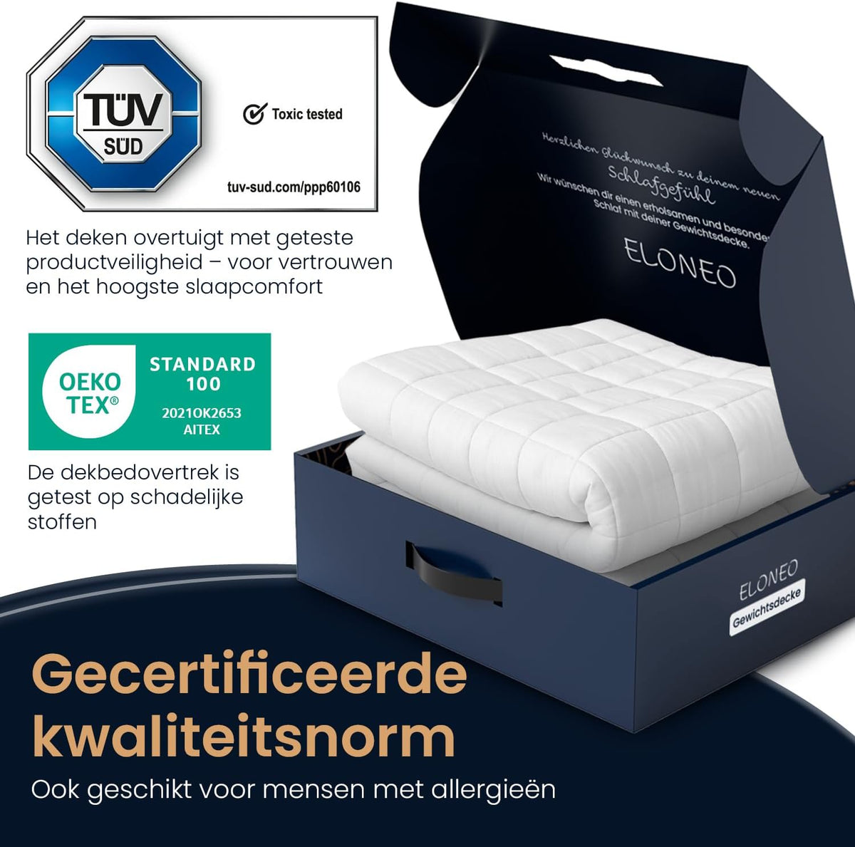 ELONEO verzwaringsdeken 200x200 cm met 9 kg, TÜV- en Oeko-Tex-gecertificeerd, weighted blanket van 100% katoen, ontspanningsdeken & anti-stress therapiedeken, zware deken om onder te slapen