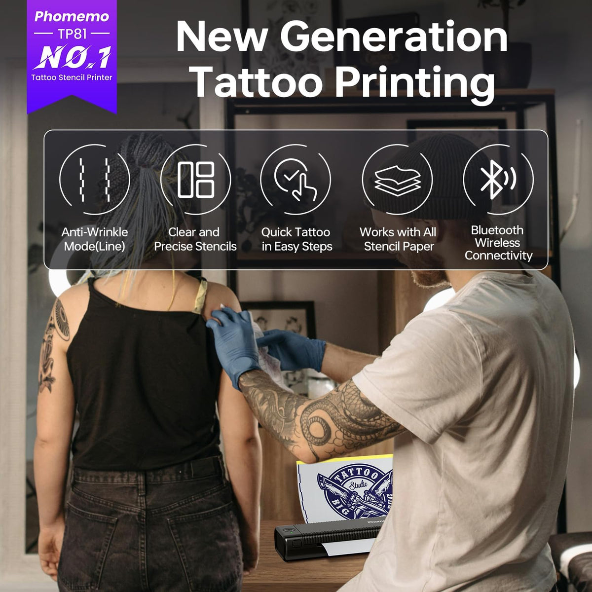 Phomemo TP81 Tattoo Printer with 4 Tattoo Gel and 20 Pieces Tattoo Transfer Paper Stencil Printer for Artists and Beginners Templates Printer Machine Compatible with Phone PC - QUORE