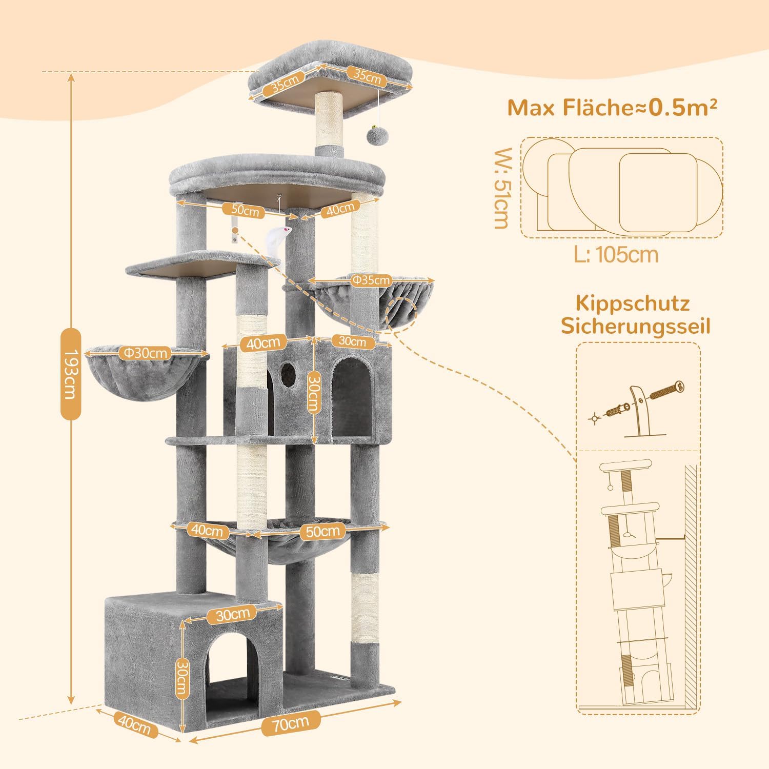 Globlazer cat tree xxl 194cm high with 2 Large Cat House, Hammock 50 * 40CM, Platform Lined Large, 2 Basket, Seat Rod, Huge Scratching Post for 3-5 Large Cats Rest Play Indoor (S76B, Light grey) - QUORE
