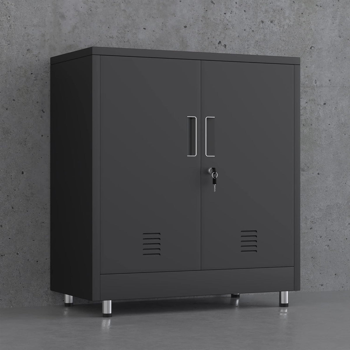 Metalen opbergkast met vergrendelingsdeuren en verstelbare plank, kleine afsluitbare dressoir buffetkast voor thuiskantoor, hal, entree, woonkamer eetkamer (zwart)