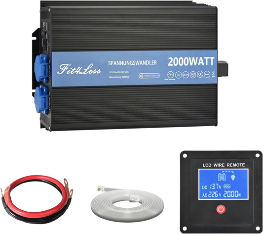 DC 12 V naar AC 230 V 50 Hz 2000 W Nominaal vermogen omvormer 4000W Surge Pure sine-golf met dubbele stopcontacten, USB en LCD-display.
