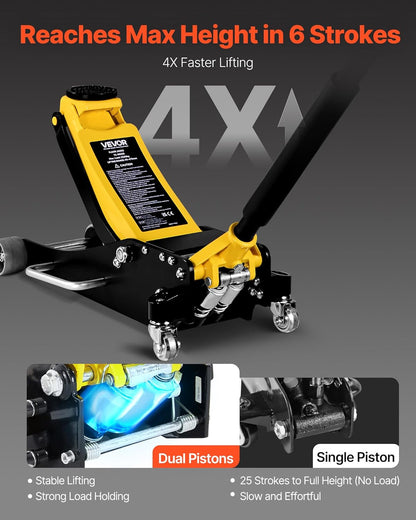 VEVOR Garagekrik met laag profiel en 360° wielen, 2,5 t, snelzuigerpomp, 95-475 mm hefhoogte, hydraulische krik voor compacte SUV's, geel + zwart