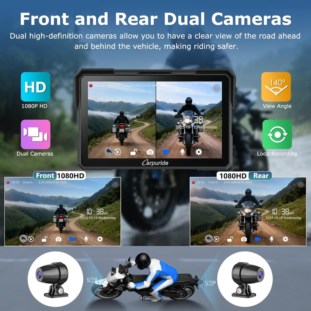 Motorfiets Navigatie – Motornavigatie – GPS Navigatie – CarPlay Scherm – Android Auto – 7 Inch Waterdicht Touchscreen – Dubbele 1080P Dashcam Voor en Achter