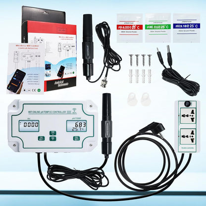 Slimme Wifi-waterkwaliteitstester pH-, EC- en Temperatuurmonitor Continue Online Monitoringstester met Lcd-scherm, App-meldingen, Realtime Gegevens, Vervangbare Sondes voor Hydrocultuur en Aquaria