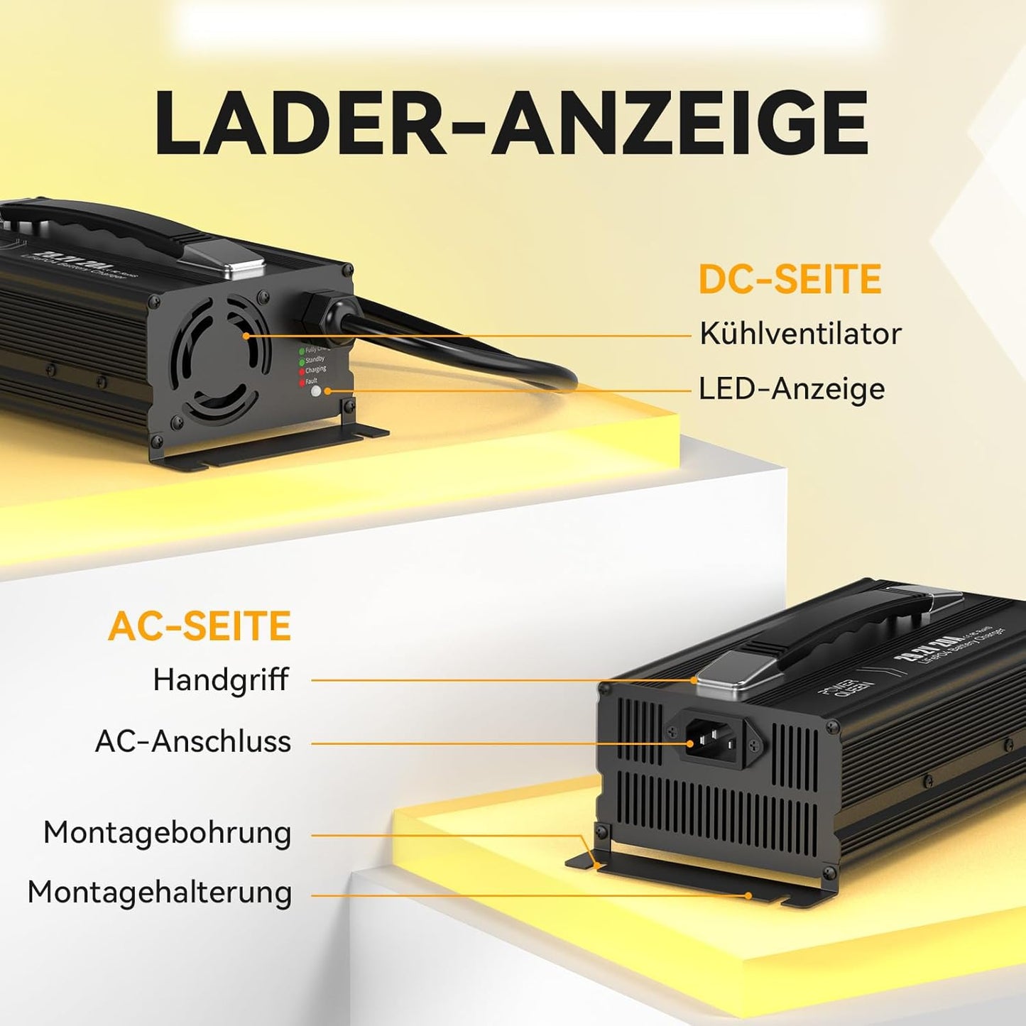 LiFePO4 Acculader – Lithium Batterijlader – Volautomatische Acculader – Oplaadapparaat – Compacte Acculader – 20A Laadstroom – Aluminium Behuizing Met Koelventilator