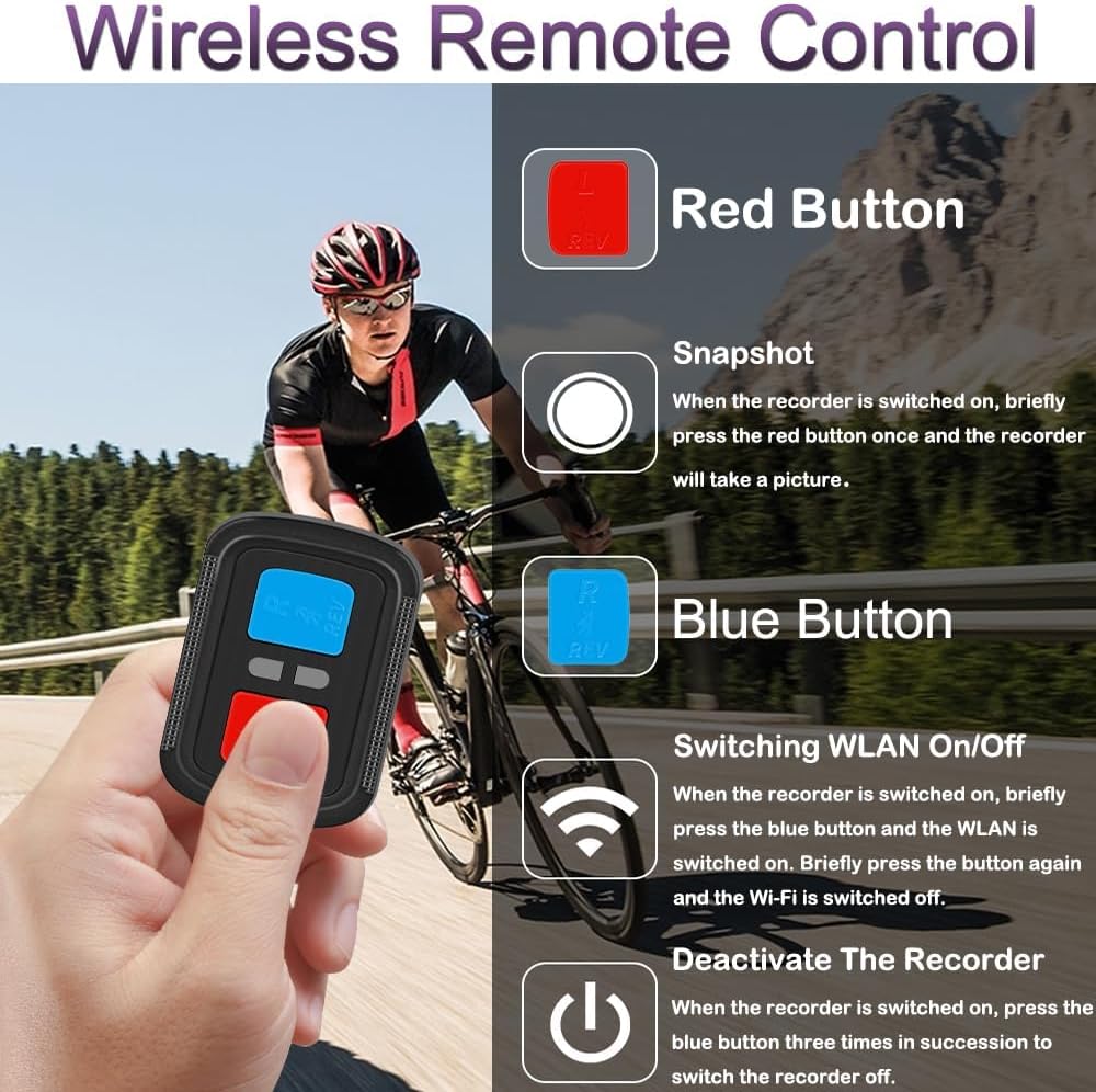 VSYSTO Fiets Camera met Temperatuurweergave, 2K Ultra Hoge Resolutie 170° Groothoek WDR Helm Dash Camera Dashcam, Afstandsbediening, Oplaadbare Waterdichte Motoractiecamera, G-Sensor