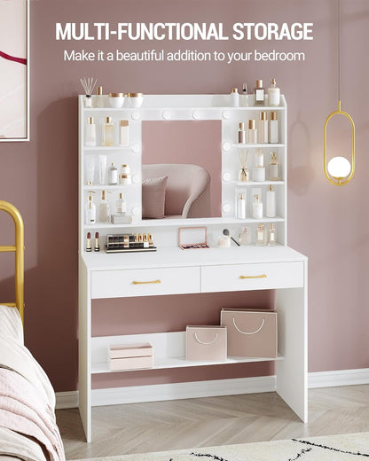 Hzuaneri Dressing Table with Mirror and LED Lighting, Adjustable Brightness, Dressing Table with Shelves and 2 Drawers, for Bedroom, Living Room, 40 X 100 X 149 cm, WhiteDT38703X