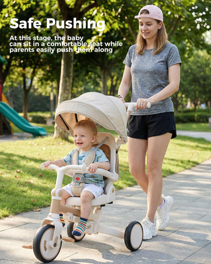 aiwo 7in1 Opvouwbare driewieler voor peuters 1-3, multifunctionele peuter push bike wandelwagen, lichtbruin