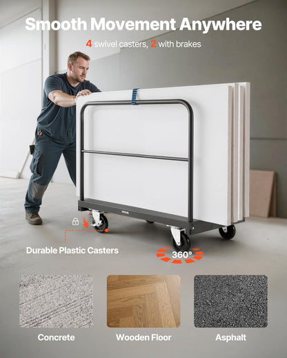 VEVOR Drywall Trolley Load Capacity 810 kg Steel Plates 12.5 mm Casters Platform 91.5 x 61 cm with 3 Side Handrails for Factory Garage Black