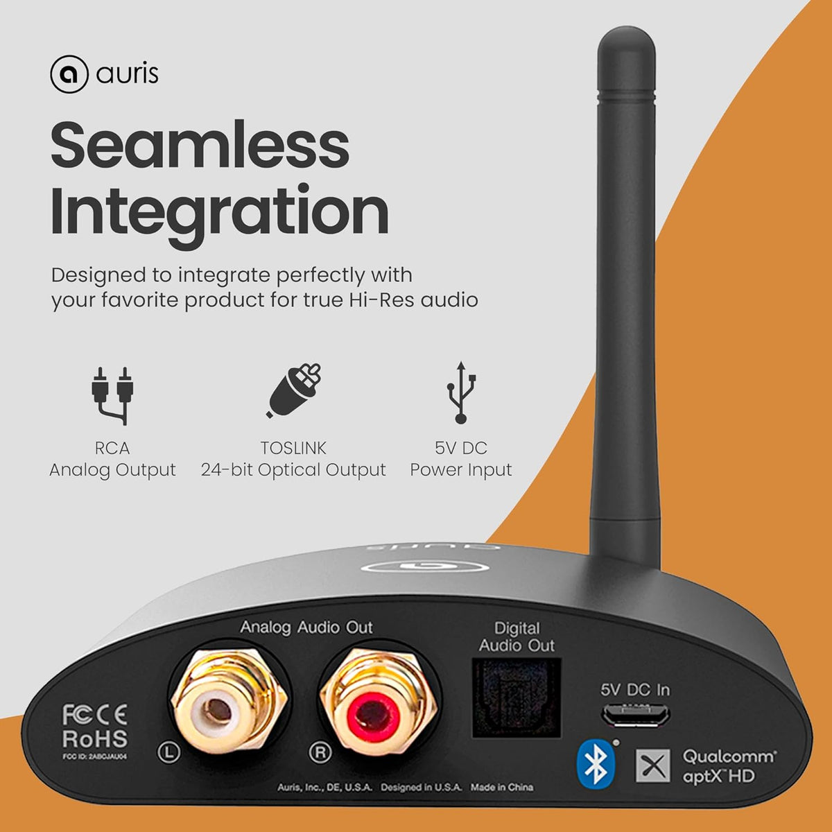 Auris BluMe HD Bluetooth 5.0-muziekontvanger Hi-Fi draadloze audioadapter met audiofiele DAC en aptX HD voor streaming naar stereo thuis, AV-receiver of stereoversterker