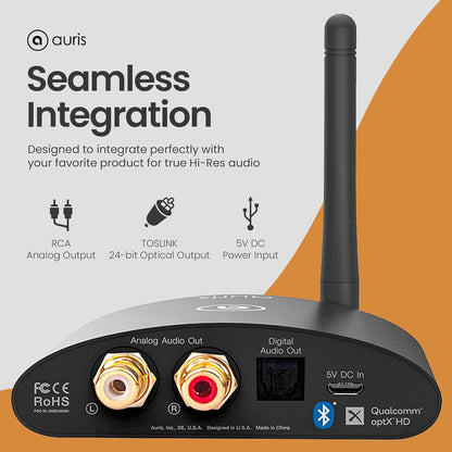 Auris BluMe HD Bluetooth 5.0-muziekontvanger Hi-Fi draadloze audioadapter met audiofiele DAC en aptX HD voor streaming naar stereo thuis, AV-receiver of stereoversterker