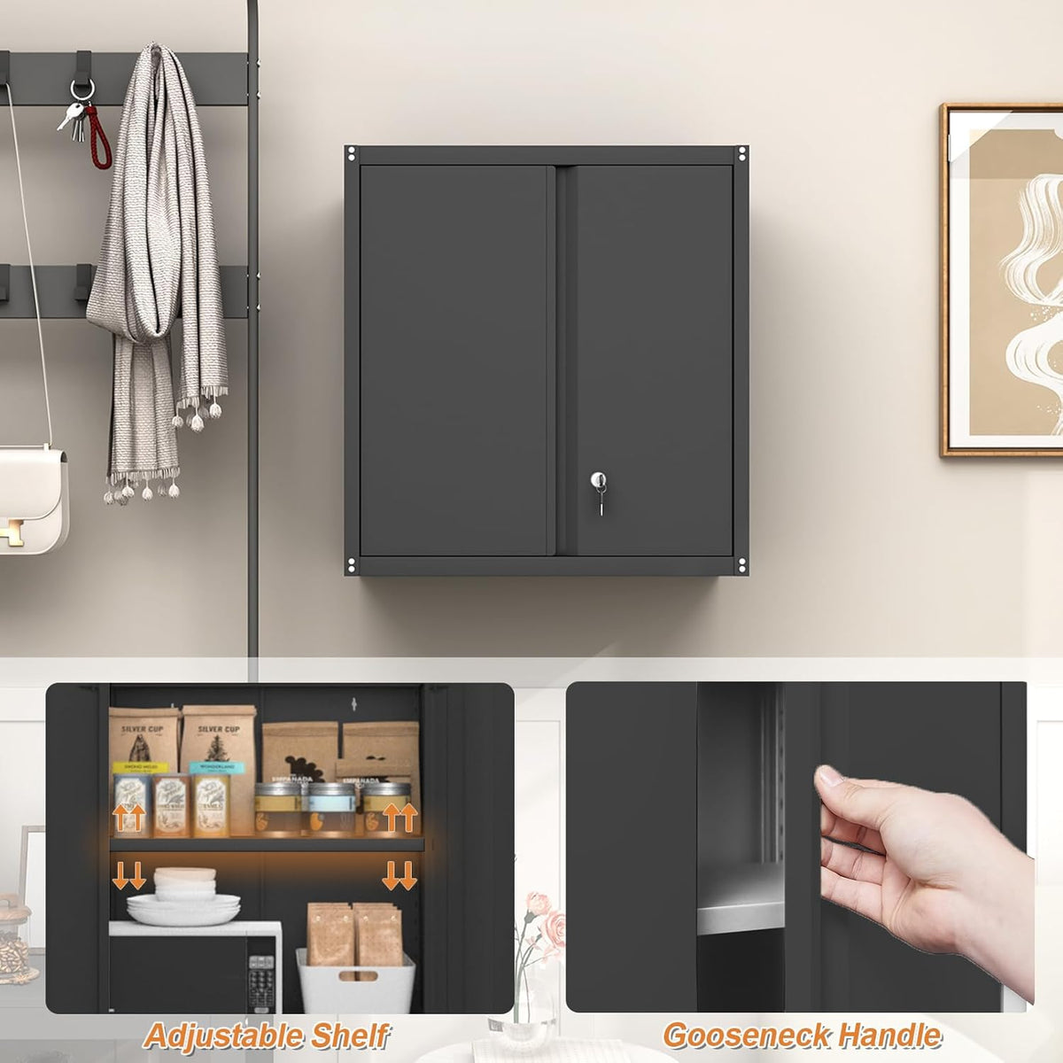 GREATMEET Metal Hanging Cabinet, Tool Cabinet with Swing Door, Wall-Mounted Garage Storage Cabinets with 1 Adjustable Shelf and 2 Doors, Steel Cabinet for Garage, Office and Home, Black - QUORE