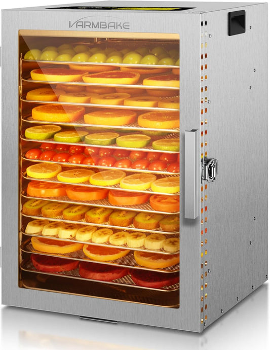 Voedseldehydrator, 12 roestvrijstalen trays, 10,9 ft² vleesdehydrator voor jerky, 800 W droger voor kruiden, temperatuurregeling van 190 °C, timer van 24 uur, krachtige droogcapaciteit voor fruit