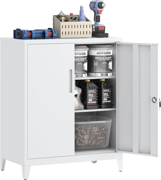 Dossierkast, afsluitbare garagekast, 2 niveaus, bureaukast, werkplaatskast met verstelbare planken, voor kantoor, garage en bijkeuken, 40 x 80 x 100 cm, wit