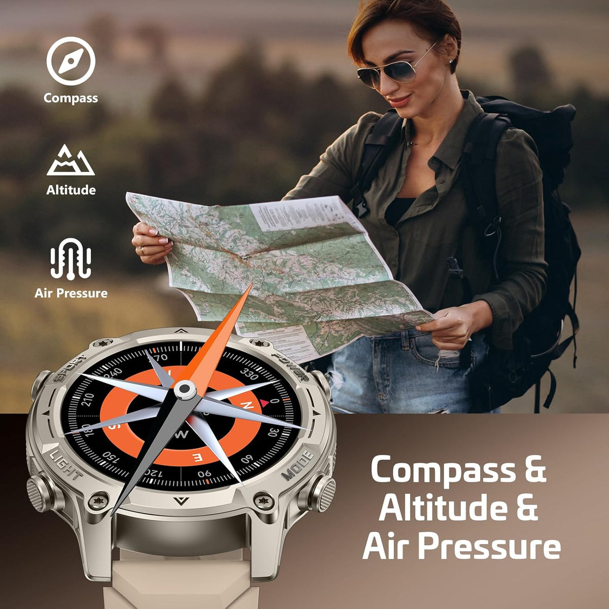 GPS Smartwatch voor heren met offline kaarten, kompas, 5 ATM waterdicht, 21 dagen accu, 143 inch AMOLED, KI/hartslag-/zuurstof-/stress-/slaapmonitor, 178 sportmodi, sporthorloge voor Android iOS, kaki - QUORE