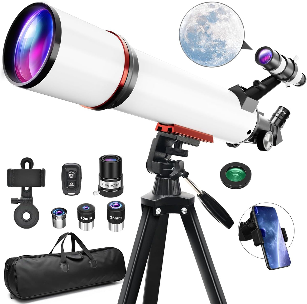 Astronomische telescoop voor volwassenen, opening 90 mm, refractieve telescopen van 600 mm, volledig meerlaagse draagbare astronomische refractortelescoop met statief
