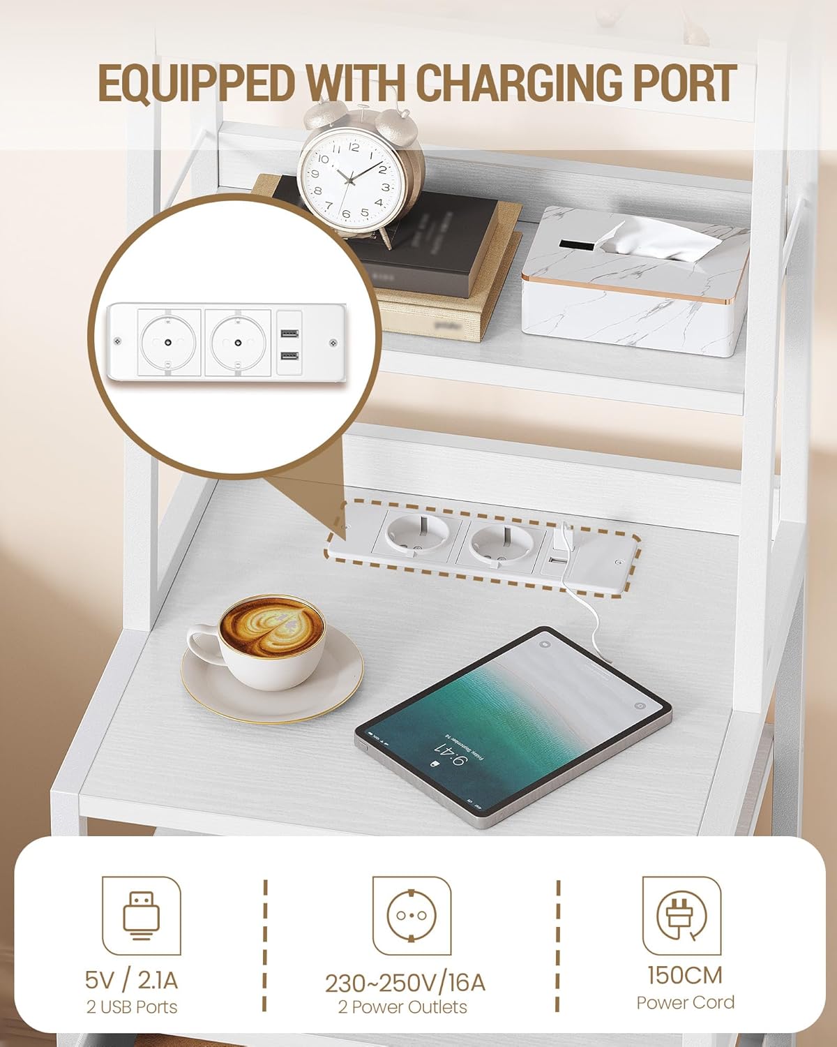 Hzuaneri Bedside Table Set of 2, Bedside Table with Charging Station and Metal Storage Shelf, 2 Sockets and 2 USB Ports, Side Table with 3 Fabric Drawers, For Bedroom, Living Room, White NS10613W
