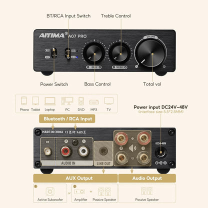 AIYIMA A07PRO TPA3255 Mini Versterker 2.0/2.1Kanaal Audio Amp 300Wx2 Klasse D Hi-Fi Stereo Geïntegreerde Versterkers Bluetooth 5.2 ondersteuning aptx Desktop versterker met Treble en Bass Control