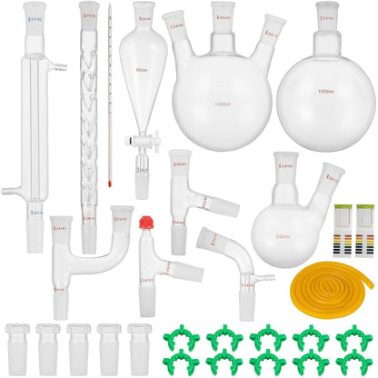 Laboratoriumglasset – Laboratoriumglaswerk – Destillatieset – Glaswerkset – Labapparatuur – 32-Delig – 3,3 Borosilicaatglas – 24/40 Slijpverbindingen & Tot 600 °C