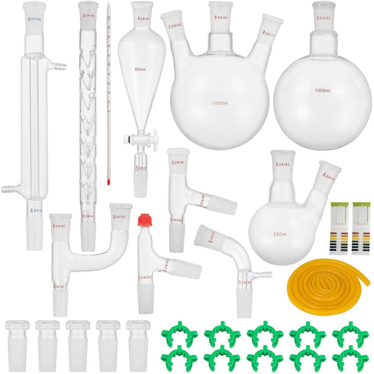 Laboratoriumglasset – Laboratoriumglaswerk – Destillatieset – Glaswerkset – Labapparatuur – 32-Delig – 3,3 Borosilicaatglas – 24/40 Slijpverbindingen & Tot 600 °C