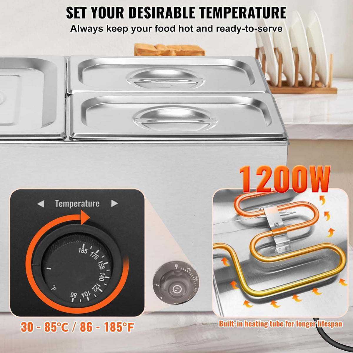 VEVOR Dressoir met 3 bakken, elektrische badkuip, 16 l, 1200 W, verwarmd dressoir van roestvrij staal, instelbare temperatuur 30-85 °C, voor het verwarmen van levensmiddelen, catering, avond, feest