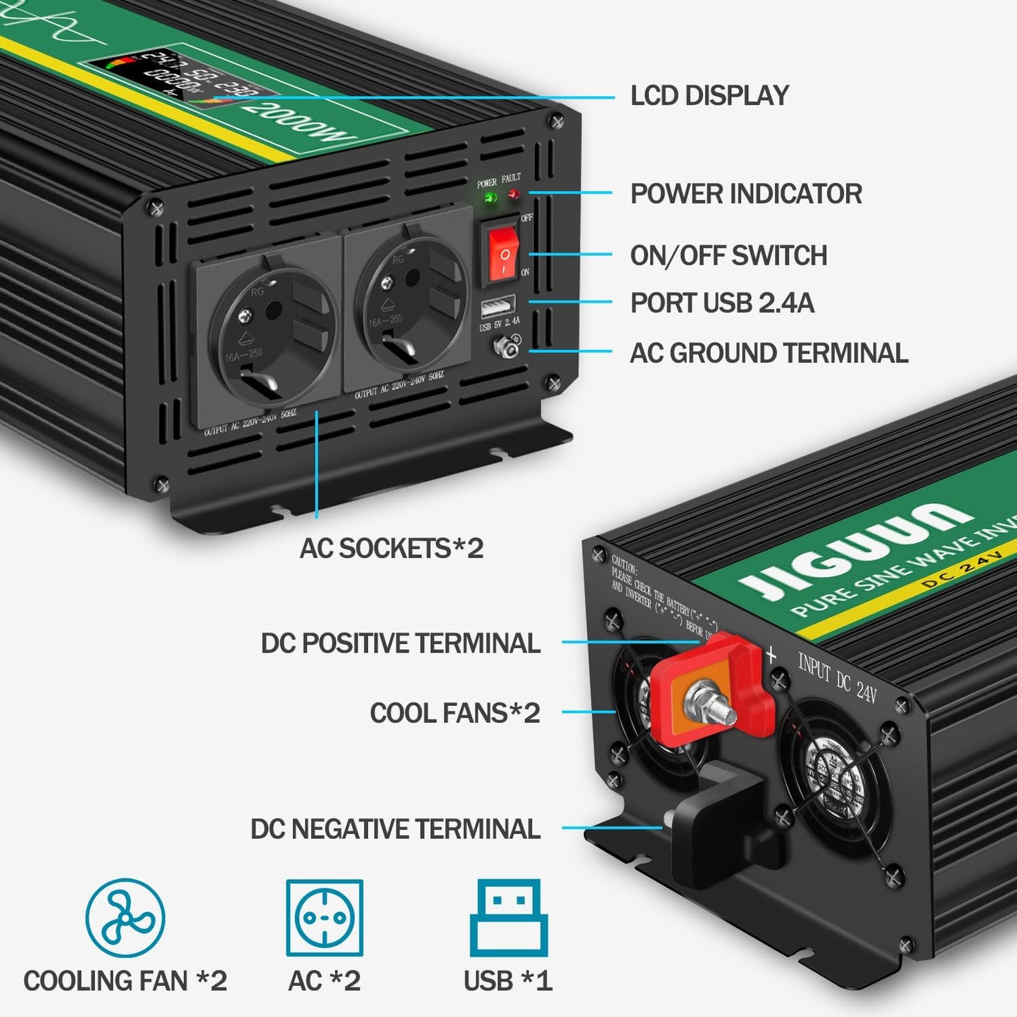 JIGUUN 2000W/4000W omvormer 24v naar 230v zuivere sinus Converter power inverter met draadloze afstandsbediening LCD-scherm 2 EU & 1 USB-poort voor auto, camping, reizen,noodgeval