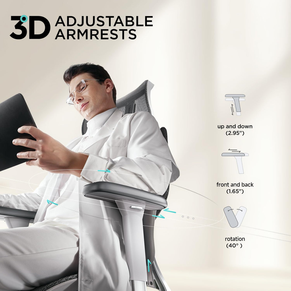 Hbada E3 Air Ergonomische Bureaustoel met 3-Zone Dynamische Lendensteun, 3D Verstelbare Hoofdsteun, 3D Verstelbare Armleuningen, Grijs