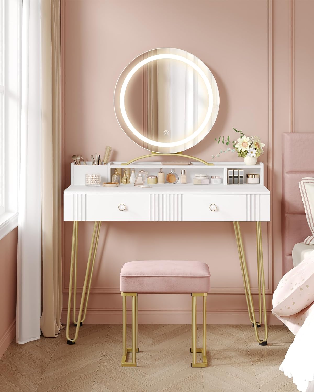 Hzuaneri Dressing Table with Stool and Lighting,Dressing Table with Mirror,40×90×140CM,Dressing Table with Drawers,Pink Upholstered Stool,Bedroom,Modern,Matte White and Gold,DT42403XEU