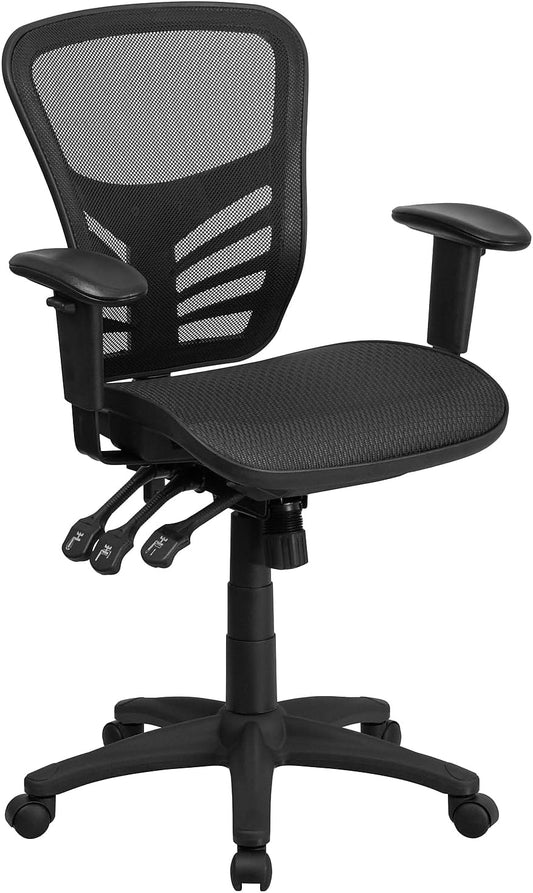 Flash Furniture Mid-Back Transparante Zwarte Mesh Multifunctionele Executive Draaibare Ergonomische Bureaustoel met Verstelbare Armen, Metaal, 58.42 x 72.39 x 111.13 cm