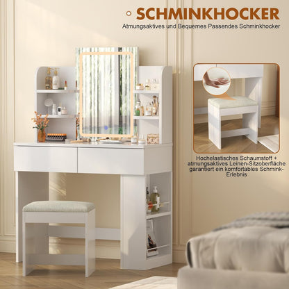 Devoko Dressing Table with Mirror and Lighting,Adjustable Brightness,Makeup Table with Stool,2 Drawers,4 Shelves,Modern Makeup Desk for Bedroom and Dressing Room, 90 x 40cm(White and White) - QUORE
