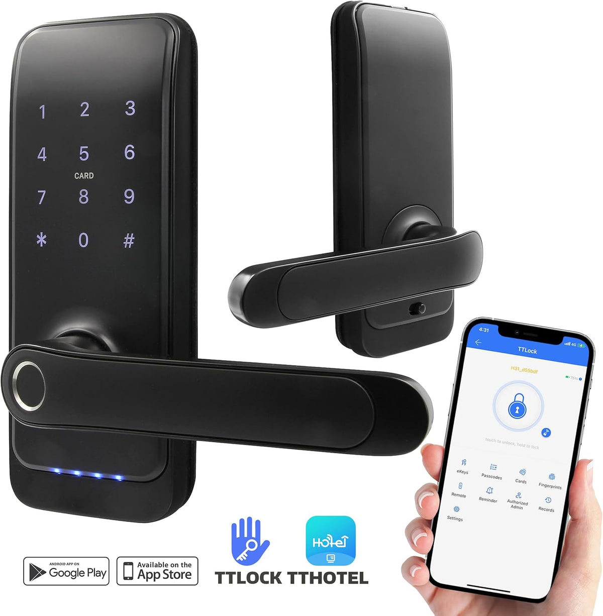 EURA ELH-01H4 Smart deurslot met handgreep, codeslot, 13,56 MHz nabijheidslezer, biometrische lezer, app TTLock/TTHotel, IP65, universele vergrendelafstand, zwart