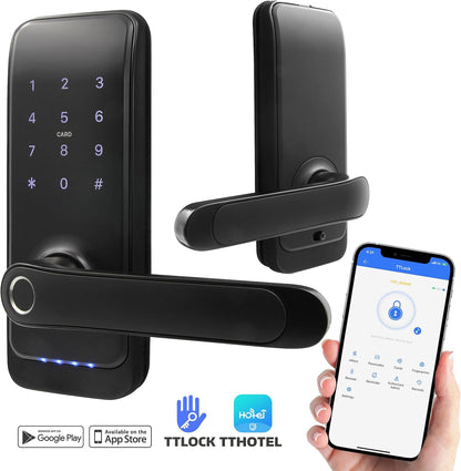 EURA ELH-01H4 Smart deurslot met handgreep, codeslot, 13,56 MHz nabijheidslezer, biometrische lezer, app TTLock/TTHotel, IP65, universele vergrendelafstand, zwart