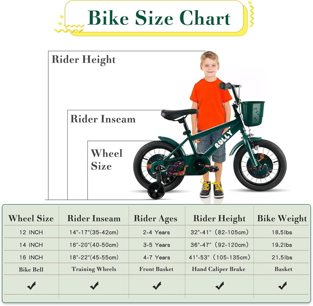 RULLY Dinosaur 16 inch jongensfiets voor kinderen van 4 tot 7 jaar, groen, met afneembare steunwielen, terugtraprem en handrem, mand