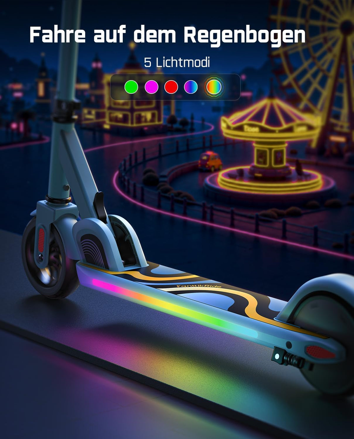 FanttikRide C9 Pro Elektrische step voor kinderen van 8-12 jaar, kleurrijke regenboogverlichting, 8/12/16 km/u, 8 km bereik, led-display, in hoogte verstelbaar, opvouwbaar, voor jongens en meisjes