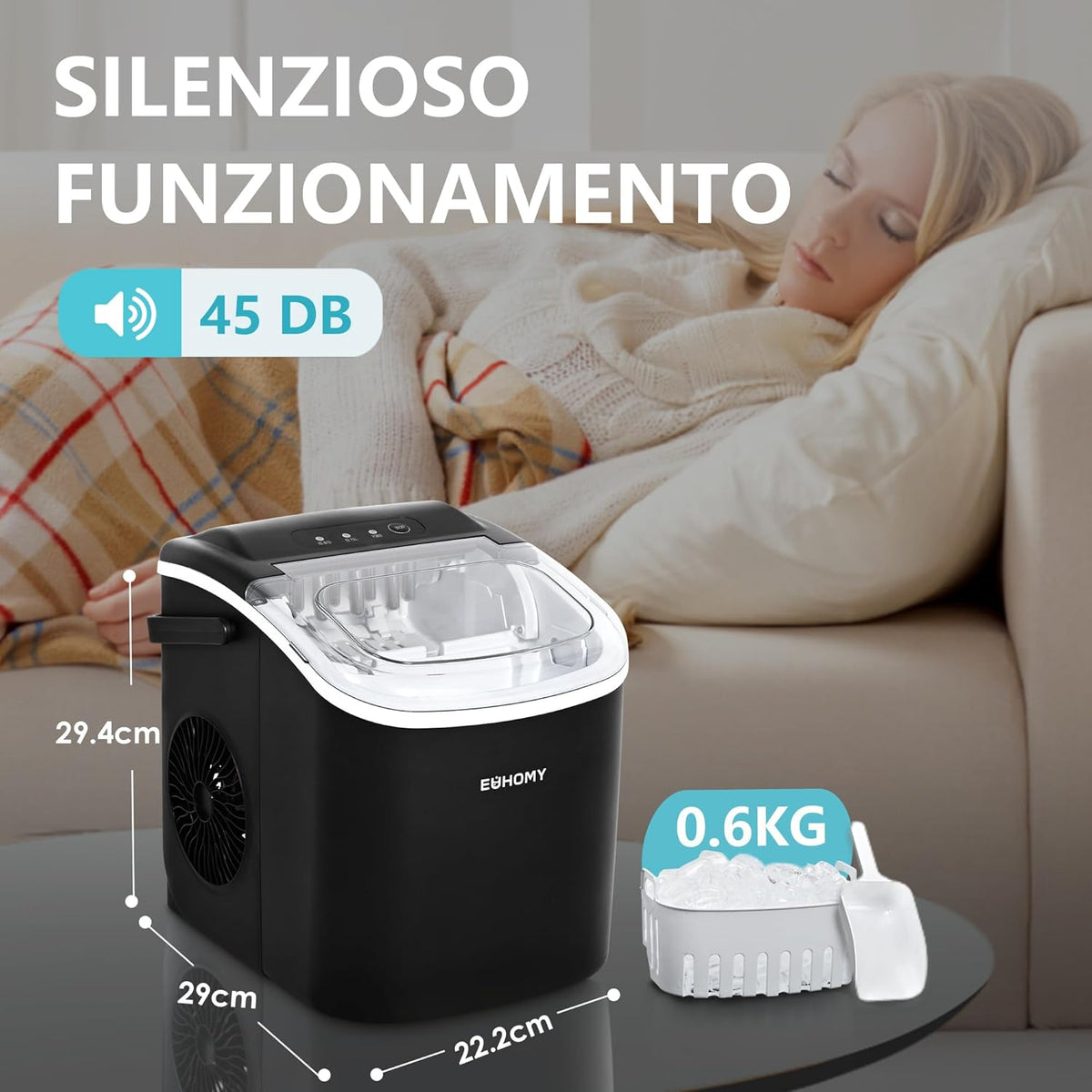 EUHOMY IJsblokjesmachine 12 kg/24 uur, 9 ijsblokjes in 6 minuten, zelfreinigende ijsmachine, met handvat, schep, mand, zwart, 45 dB