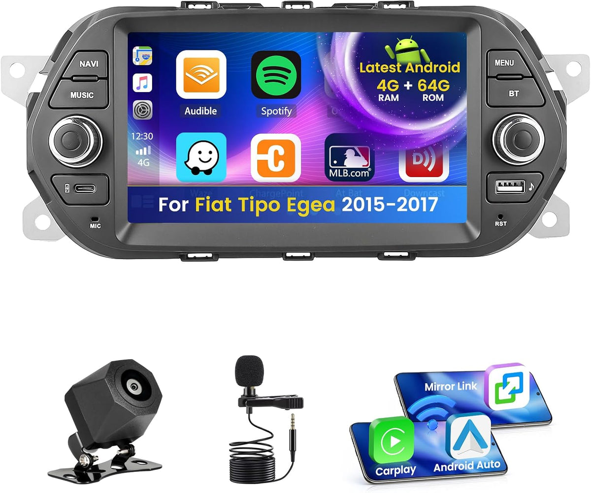 Inefala Android 15 autoradio voor Fiat Tipo Egea 2015-2017 4+64G met Wireless CarPlay Android Auto, 7 inch scherm ondersteuning FM RDS 32EQ GPS Bluetooth WiFi SWC AHD achteruitrijcamera