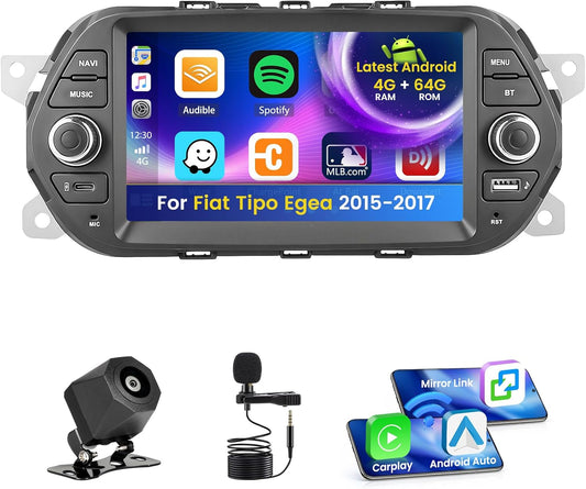 Inefala Android 15 autoradio voor Fiat Tipo Egea 2015-2017 4+64G met Wireless CarPlay Android Auto, 7 inch scherm ondersteuning FM RDS 32EQ GPS Bluetooth WiFi SWC AHD achteruitrijcamera