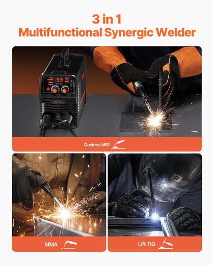 VEVOR MIG Welding Machine, 130A Synergistic MIG Welding Machine, 3-in-1 Flux Core MIG/MMA/Lift TIG Multiprocess Laser, with IGBT Inverter Technology and Digital Display Screen