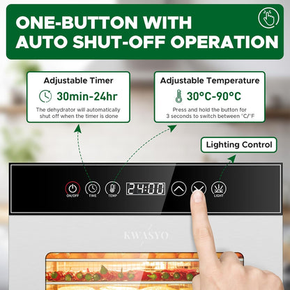 Kwasyo Commerciële Voedsel Dehydrator Machine 18-Tray, 800W Sneldrogende Dehydrater, 24H Timer, LED Display, Roestvrij Staal Dehydrator voor Vlees Jerky Rundvlees Fruit Kruid