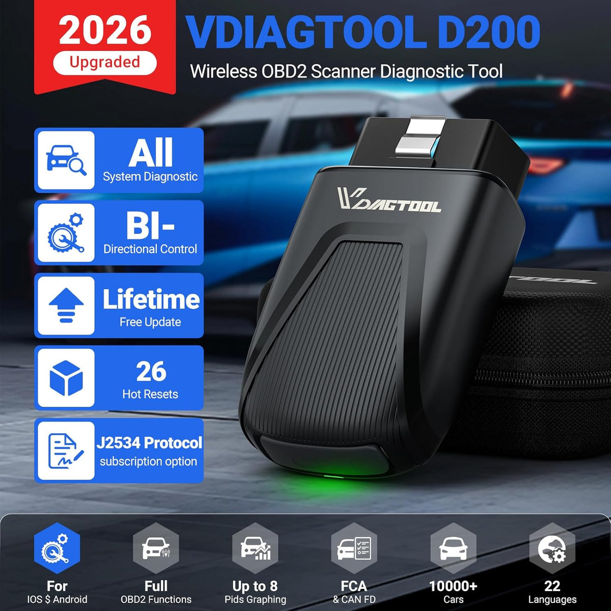 VDIAGTOOL D200 OBD2 Scanner Bluetooth, levenslange gratis update auto diagnostische tool met 26+ resets, bidirectionele alle systeem diagnostische scanner voor iOS & Android, FCA & CAN FD draadloze