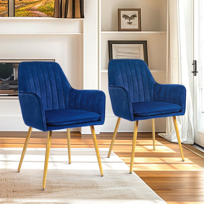 CangLong Set van 2 eetkamerstoel stijlvolle fluwelen accent fauteuil voor woonkamer eetkamer, fluweel gestoffeerde keukenstoelen met gouden metalen poten, marineblauw