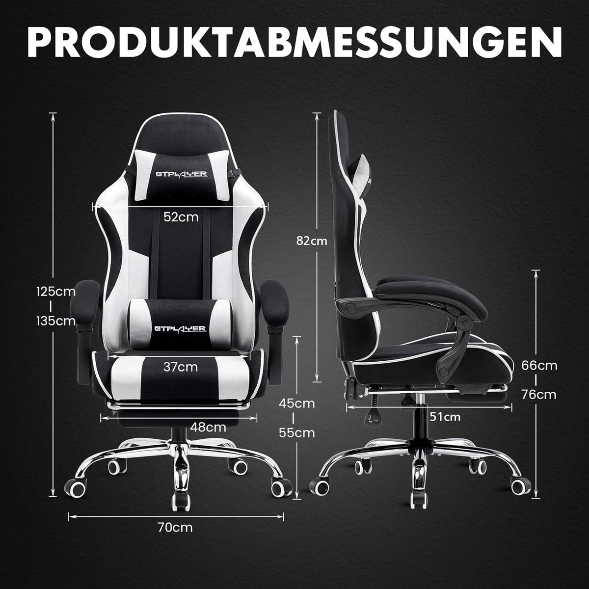 GTPLAYER Gamingstoel, bureaustoel, ergonomische pc-stoel, gamingstoel met massagesteun, task stoelen met voetensteun en hoofdsteun, witte stof