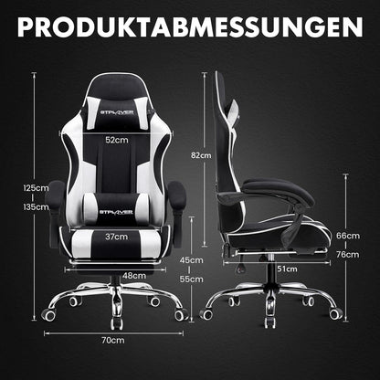 GTPLAYER Gamingstoel, bureaustoel, ergonomische pc-stoel, gamingstoel met massagesteun, task stoelen met voetensteun en hoofdsteun, witte stof