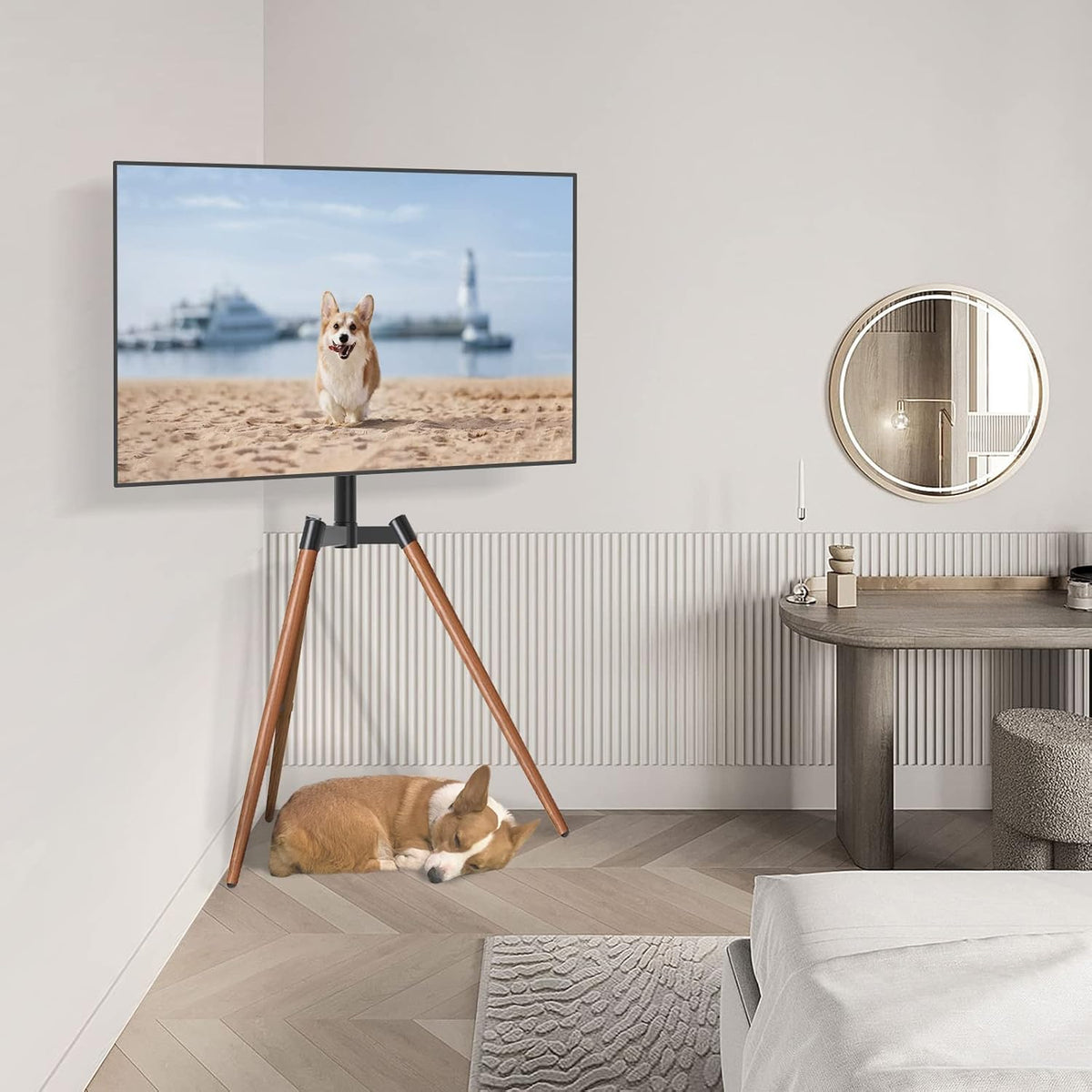 Tv vloerstandaard met statief – Bruin – Tv voet – Tv standaard – Televisiestandaard – Televisiestatief – Draaibaar en in hoogte verstelbaar – Geschikt voor 32 tot 65 inch en VESA 100x100 tot 400x400