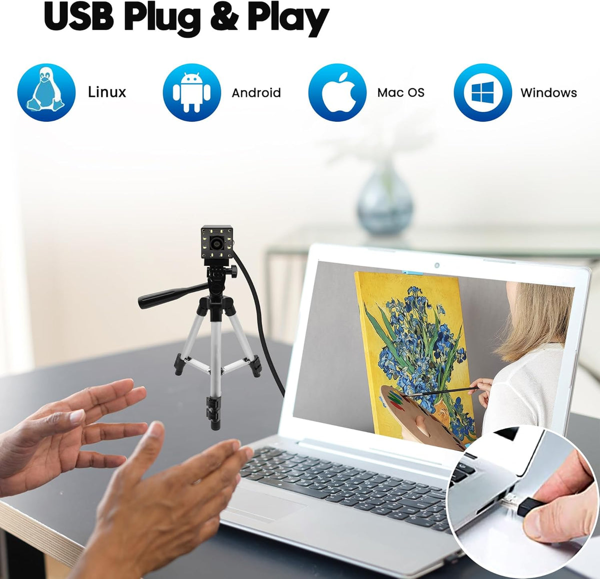 USB-cameramodule – Webcam – PC-camera – UVC-camera – Lightburn Camera – 12MP 4K Autofocus – 1080P 120FPS Met Ingebouwd LED-Licht
