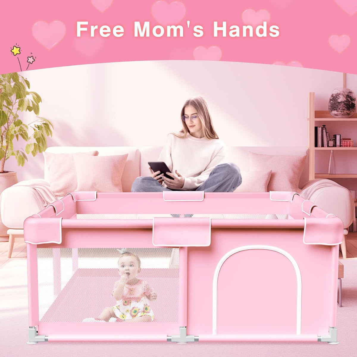 Baby playpen 1.2 * 1.2 m Pink - QUORE