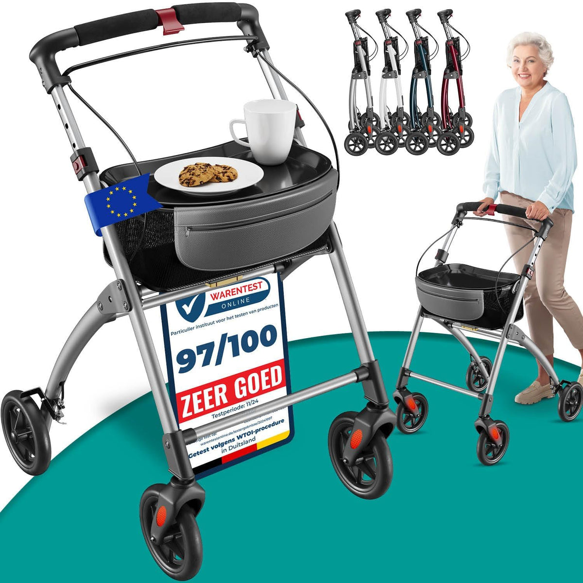 ELONEO Lichtgewicht Rollator voor Binnen - 54 cm Breed, Opvouwbaar Looprek met Dienblad en Stoffen Mandje, Smalle Rollator van Aluminium, Inklapbaar Mobiliteitshulpmiddel, Zilver