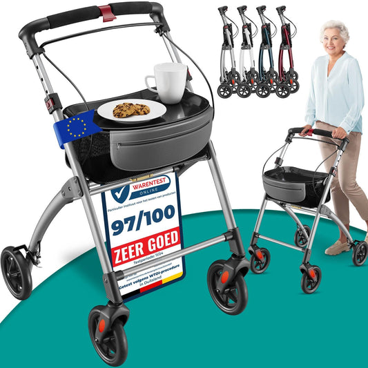 ELONEO Lichtgewicht Rollator voor Binnen - 54 cm Breed, Opvouwbaar Looprek met Dienblad en Stoffen Mandje, Smalle Rollator van Aluminium, Inklapbaar Mobiliteitshulpmiddel, Zilver