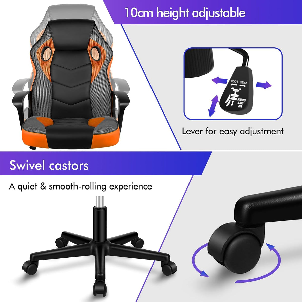 ALFORDSON Gamingstoel, PC-computer racestoel, ergonomische draaibare bureaustoel met wielen, gemaakt van PU-leer en stof, oranje, geschikt voor thuisgebruik